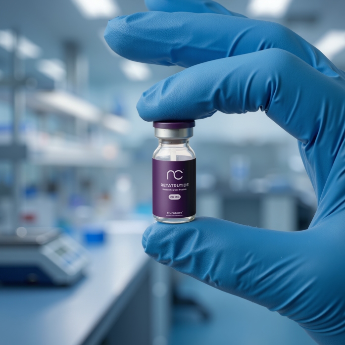 Hand in blue glove holding a retatrutide vial with 'nc' branding in a laboratory setting